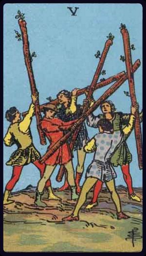 Carta del tarot Cinco de Bastos